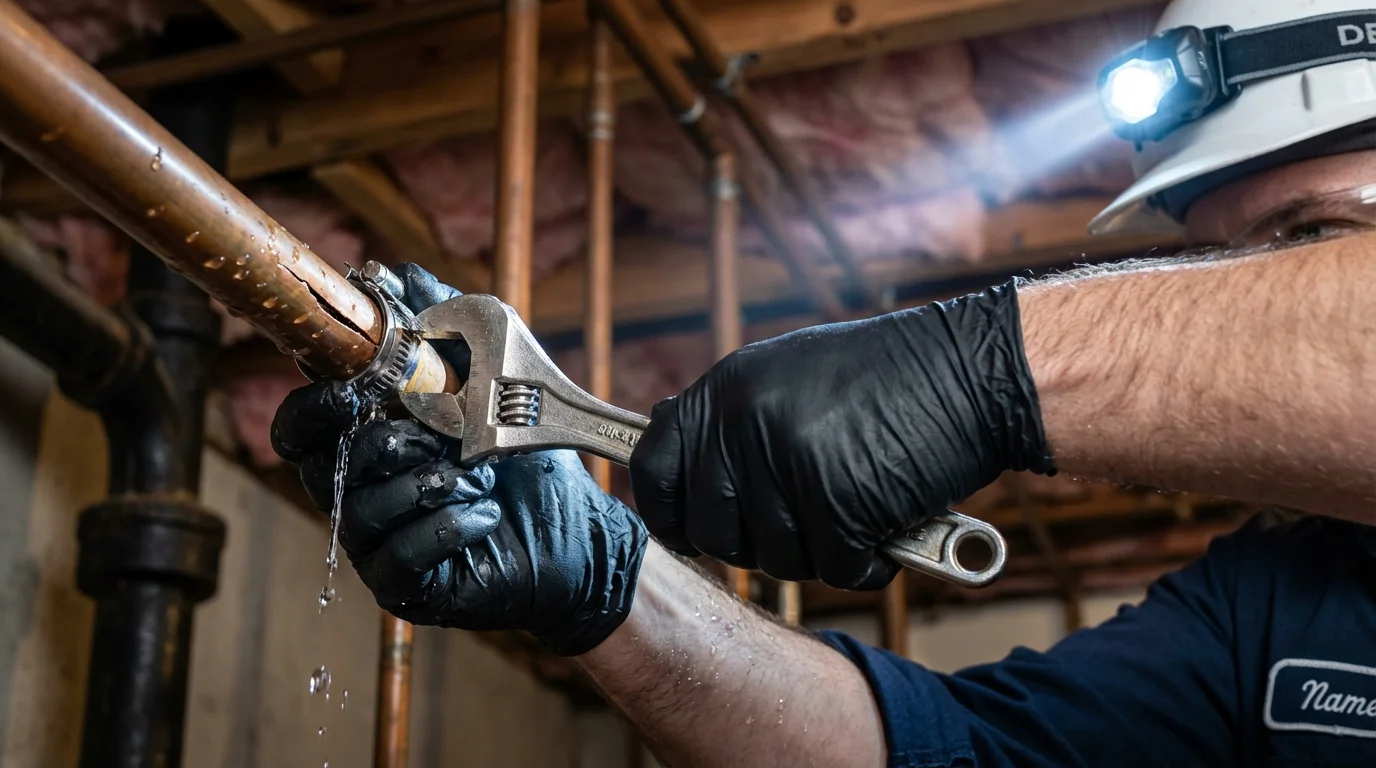 Emergency pipe clamp repair being performed by a Johns Plumbing LLC plumber in Arapahoe