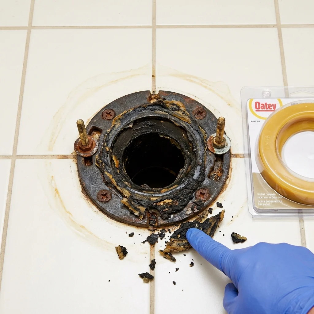 Failed wax ring showing water seepage at the base of a toilet in a Arapahoe, WY home