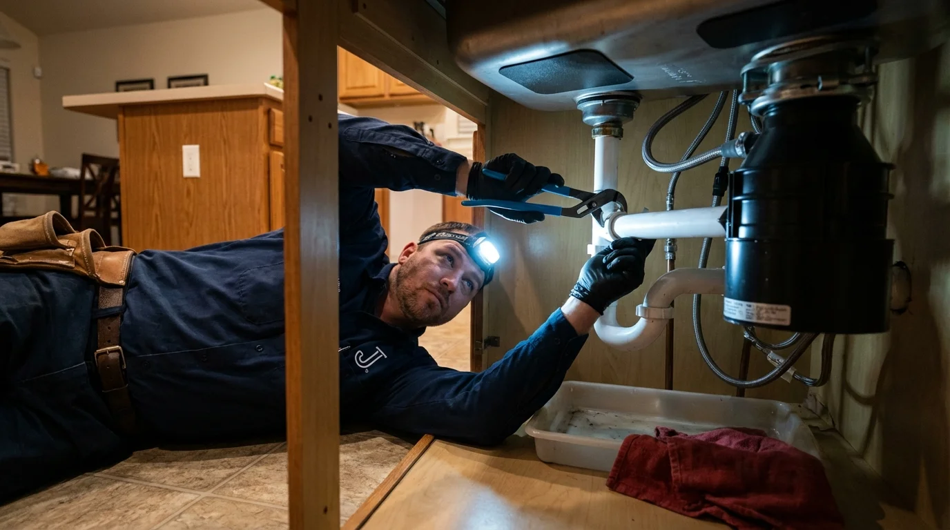 P-trap and supply line connections under a kitchen sink showing a common leak point in Arapahoe, WY